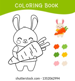 Coloring book for children. Vector illustration of a cute little rabbit with carrot.
