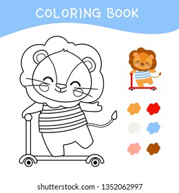 Coloring book for children. Vector illustration of a cute little lion riding a scooter.

