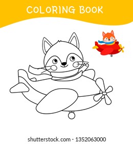 Coloring book for children. Vector illustration of a cute little fox in an airplane.
