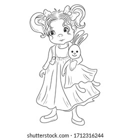 Coloring book for children. Vector illustration. Pretty girl holding a toy hare in her hands