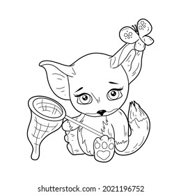 Coloring book for children. Vector illustration. The fox cub and the net