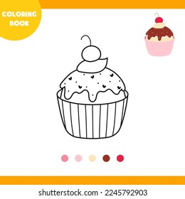 Coloring book for children, vector illustration, linear cupcake, on a white background