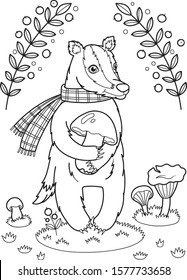 Libro de colorear para niños. Dibujo de la línea del vector. Badger en el bosque de otoño.
