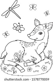 Coloring book for children. Vector line drawing. Little deer is sitting on the grass. Insects fly. Bumblebee, dragonfly and butterflies.