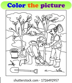 Coloring book for children. Volunteers plant trees. Ecology and problems of the planet. Black outline on a white isolated background. Vector and illustration.