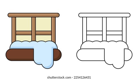 Libro de Colores para niños. Ventana con nieve. Esquema de ventana y conjunto de ilustraciones de dibujos animados de color. Ilustración del vector