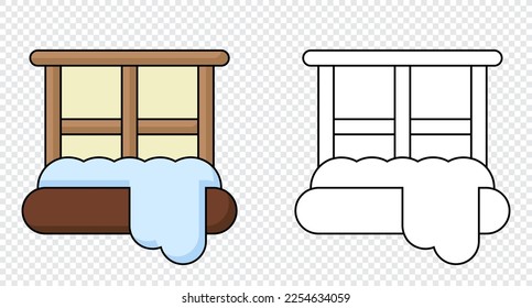 Libro de Colores para niños. Ventana con nieve. Esquema de ventana y conjunto de ilustraciones de dibujos animados de color. Ilustración del vector