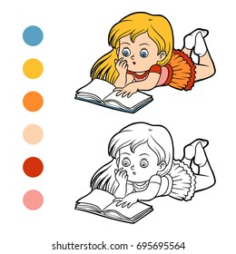 Coloring book for children, Young girl reading a book