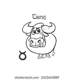 Coloring book for children zodiac signs, Taurus, cartoon bull with nose ring and horns, vector black and white drawing