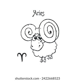 Coloring book for children zodiac signs, Aries cartoon lamb, vector black and white drawing