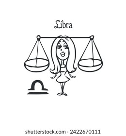 Coloring book for children zodiac signs, Libra, girl cartoon femida, vector black and white drawing