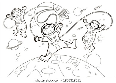 Coloring book: Children-astronauts soar in outer space among the planets. Vector illustration, black and white line art, sketch, doodle