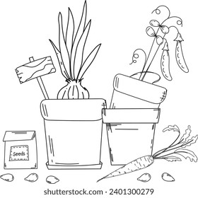 Coloring Book For Children'S Creativity Features Hand-Drawn Illustration Of Pots With Onion And Pea Seedlings, Seeds, And Carrot, Embracing A Garden Theme, Ready For Print