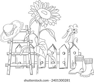 Coloring Book For Children'S Creativity Features A Hand-Drawn Rural Illustration Of A Fence With A Ladder, Sunflower, Straw Hat, And Rubber Boots, Ready For Print As A Vector Coloring Page