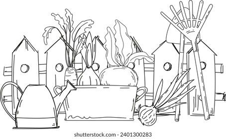 Coloring Book For Children'S Creativity Features A Rural Illustration Of A Fence, Seedlings, Watering Can, And Rake, Representing A Garden In The Village, Hand-Drawn And Ready For Print