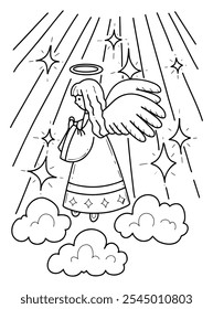 Coloring book Christmas angel hand drawn. Prayer for peace. Heaven, star, wings, halo. Cute character. Festive joy. Holiday event. Vector outline art illustration. Page for kids and adults.