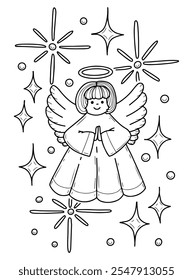 Coloring book Christmas angel hand drawn. Prayer for peace. Heaven, star, wings, halo. Cute character. Festive joy. Holiday event. Vector outline art illustration. Page for kids and adults.