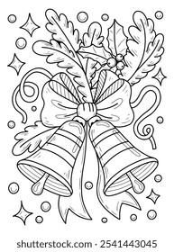 Coloring book Christmas bells hand drawn. Holiday decoration with fir branches, holly, ribbon bow. Winter event celebration. Vector outline art illustration. Coloring page for kids and adults.