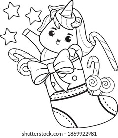Coloring book Christmas day with cute unicorn 