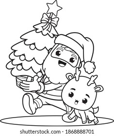 coloring book christmas day with santa claus and cute deer 