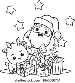 coloring book christmas day with santa claus and cute deer 