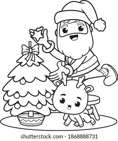 coloring book christmas day with santa claus and cute deer 