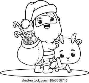 coloring book christmas day with santa claus and cute deer 