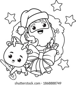 coloring book christmas day with santa claus and cute deer 