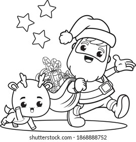 coloring book christmas day with santa claus and cute deer 