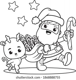 coloring book christmas day with santa claus and cute deer 