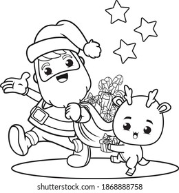 coloring book christmas day with santa claus and cute deer 