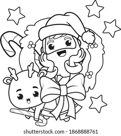 coloring book christmas day with santa claus and cute deer 