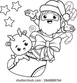 coloring book christmas day with santa claus and cute deer 