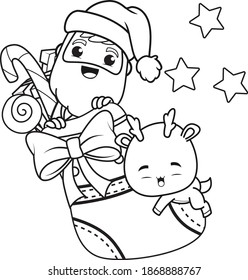 coloring book christmas day with santa claus and cute deer 