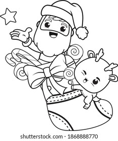 coloring book christmas day with santa claus and cute deer 