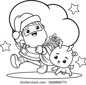 coloring book christmas day with santa claus and cute deer 