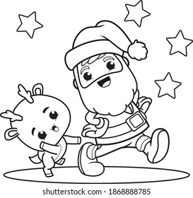 coloring book christmas day with santa claus and cute deer 