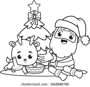 coloring book christmas day with santa claus and cute deer 