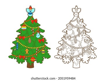 Coloring book Christmas decorated tree with an angel figurine on top, sweets and Christmas balls. Vector illustration in cartoon style