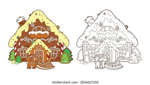 Coloring book Christmas gingerbread in the form of a house with a reindeer and Santa's sleigh at the doorstep, candy and cookies. Vector illustration in cartoon style, black and white line art