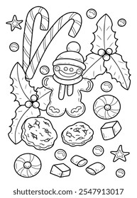 Coloring book Christmas gingerbread man hand drawn. Lollipop cane, cookie, marshmallow, holly. Celebration sweets. Winter holiday. Vector outline art illustration. Page for kids and adults.