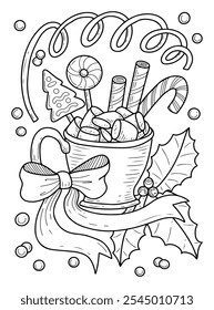 Coloring book Christmas hot chocolate hand drawn. Mug sweet holiday drink. Lollipop cane, marshmallow, bow, holly. Winter event celebration. Vector outline art illustration. Page for kids and adults.