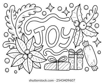 Coloring book Christmas joy hand drawn. Gift boxes. Fir branch, holly, poinsettia. Event celebration. Vector outline art illustration. Coloring page for kids and adults.