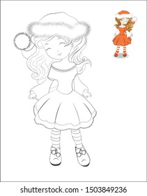 Coloring book Christmas little isolated girl in Santa Claus costume, with red hat and a white pompon. The picture in hand drawing style, can be used for party invitation, greeting card.