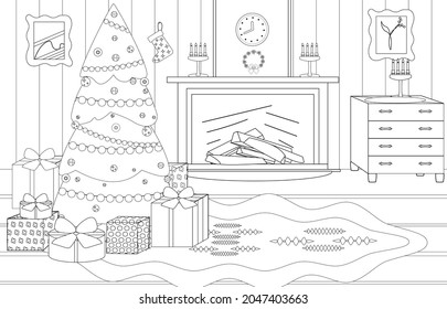 Coloring book for Christmas and New Year. A Christmas tree decorated with garlands and Christmas toys, gifts in the living room with a fireplace. The interior of a festive room.