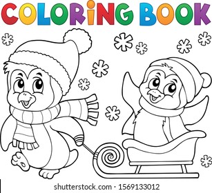 Coloring book Christmas penguin topic 8 - eps10 vector illustration.