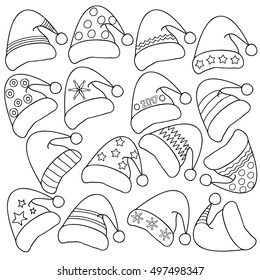  Coloring  book.   Christmas set of caps. Hand drawn. Adults, children. Black and white. 