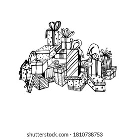 Coloring book with a Christmas tree, boxes with gifts. Festive drawing for children and adults. Christmas. Birthday. One of a series of handmade liner graphics. For textiles, design, banners.