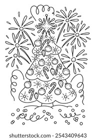 Coloring book Christmas tree hand drawn. Festive fireworks. Decorations, balls, garlands, star. Winter holiday. Celebration event. Vector outline art illustration. Coloring page for kids and adults.