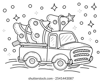 Coloring book Christmas truck hand drawn. The car carries tree decorated with balls, garlands. Celebration of winter event. Vector outline art illustration. Coloring page for children and adults.